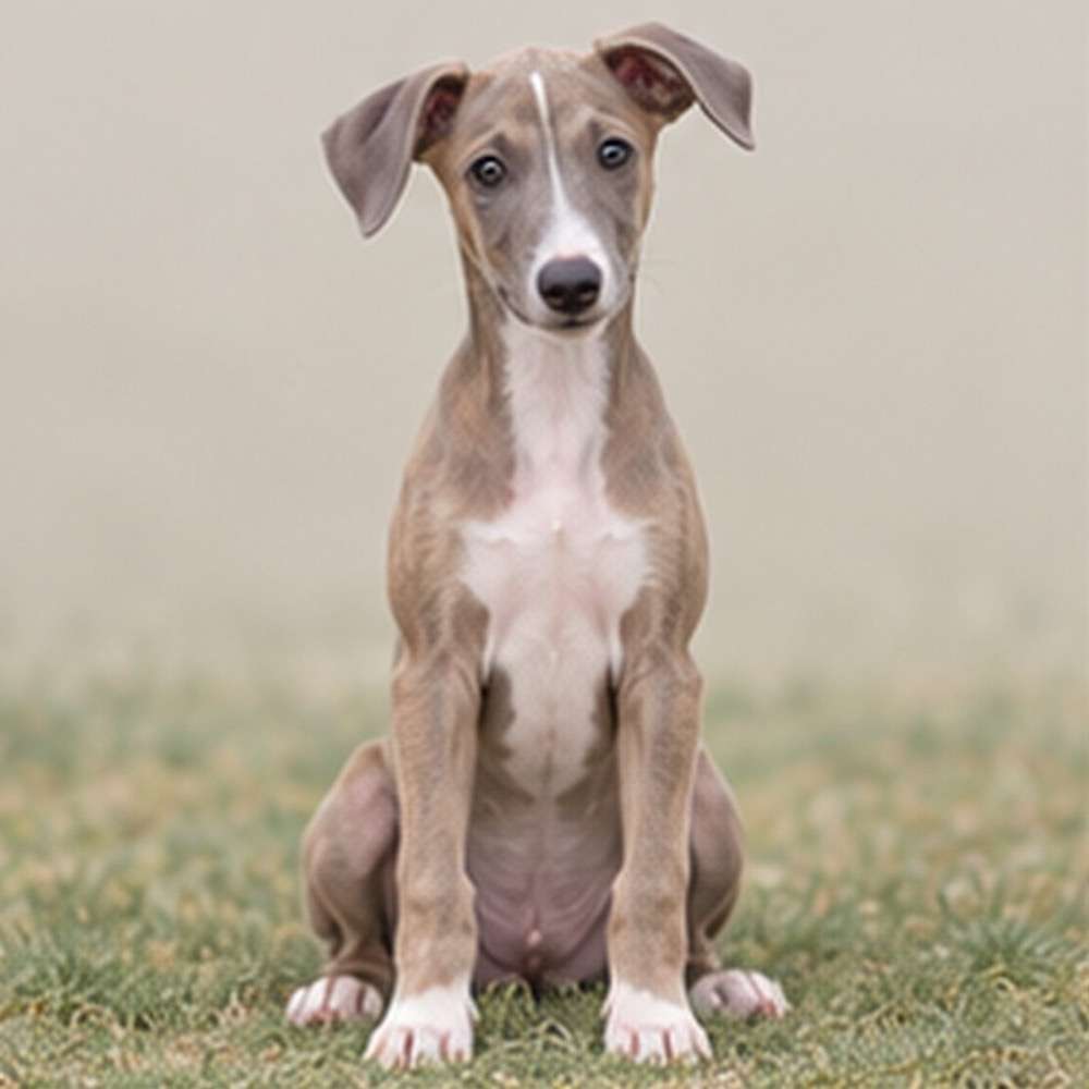 Sleek, muscular greyhound standing gracefully, short coat with brindle patterns