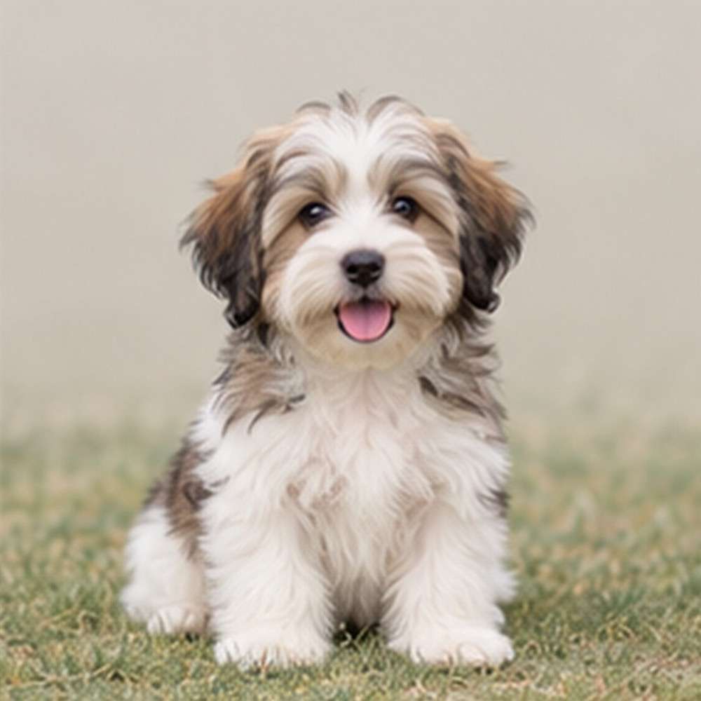 Small, fluffy dog with a long, silky coat, looking playfully at the camera