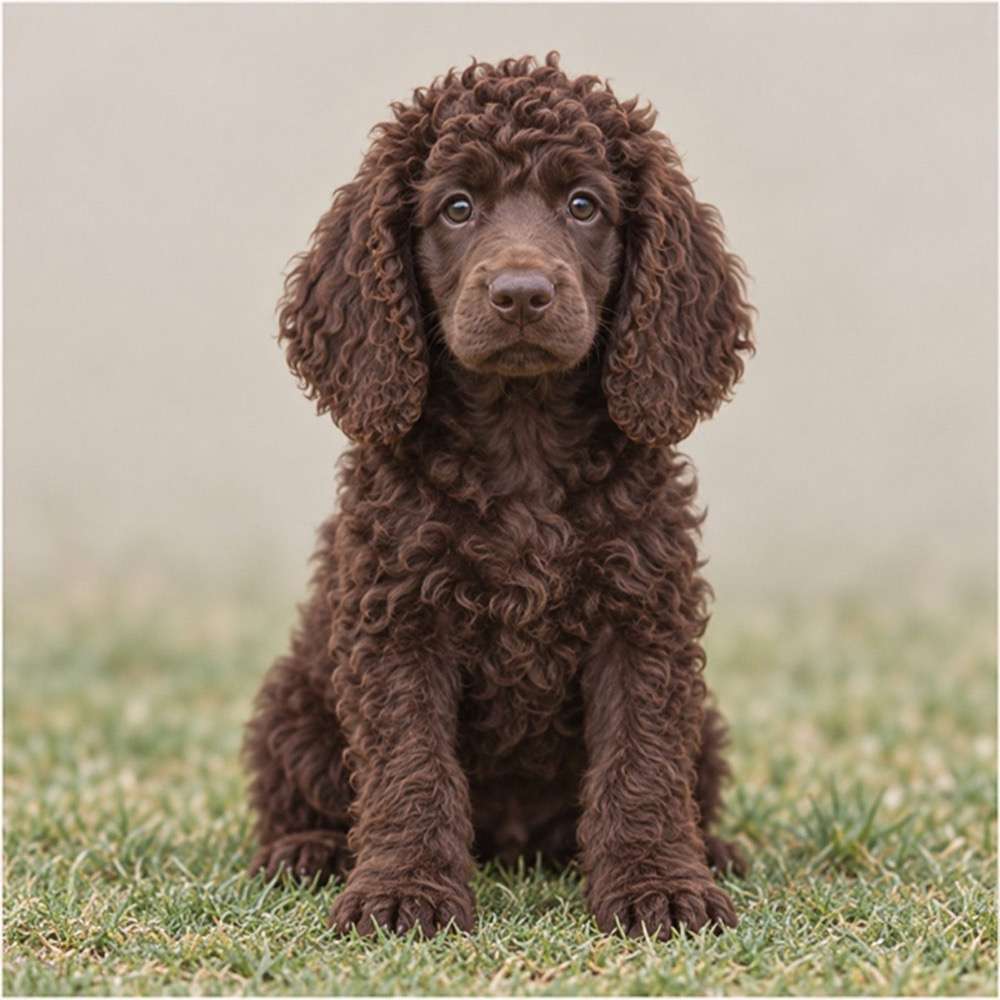 A curly-coated dog with a rich brown color, standing proudly with a joyful expression