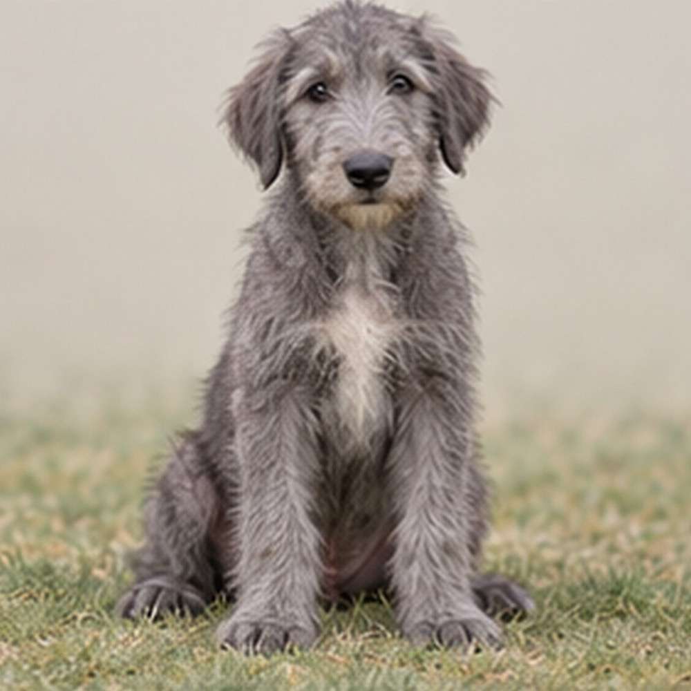 Tall, shaggy gray dog standing proudly in a grassy field