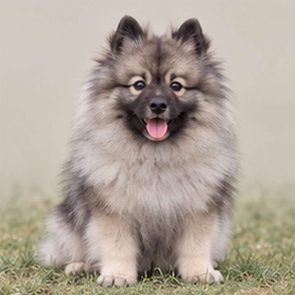 Fluffy gray and black dog with a bushy tail, standing alert and friendly