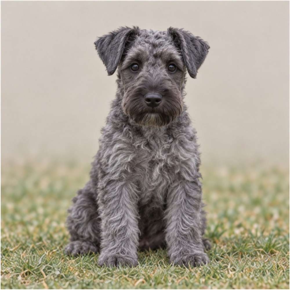 Curly-coated, medium-sized terrier sitting proudly, with a playful expression and bright eyes