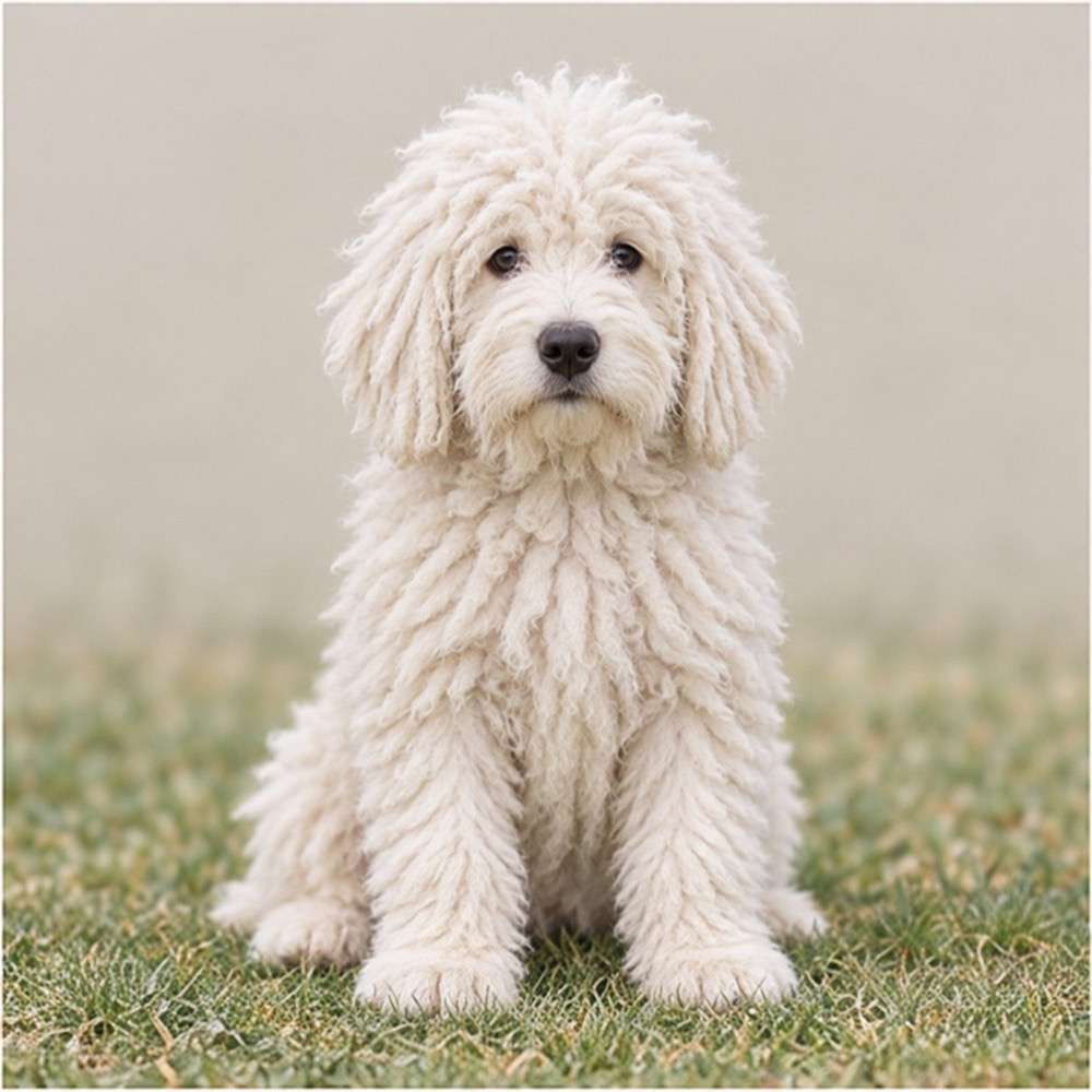 Large white dog with corded coat, standing proudly outdoors