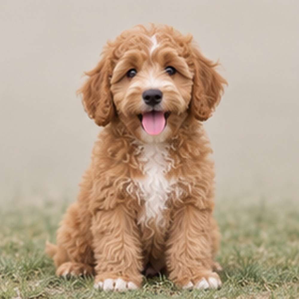 Fluffy, curly coat Labradoodle sitting on grass, looking playful and friendly