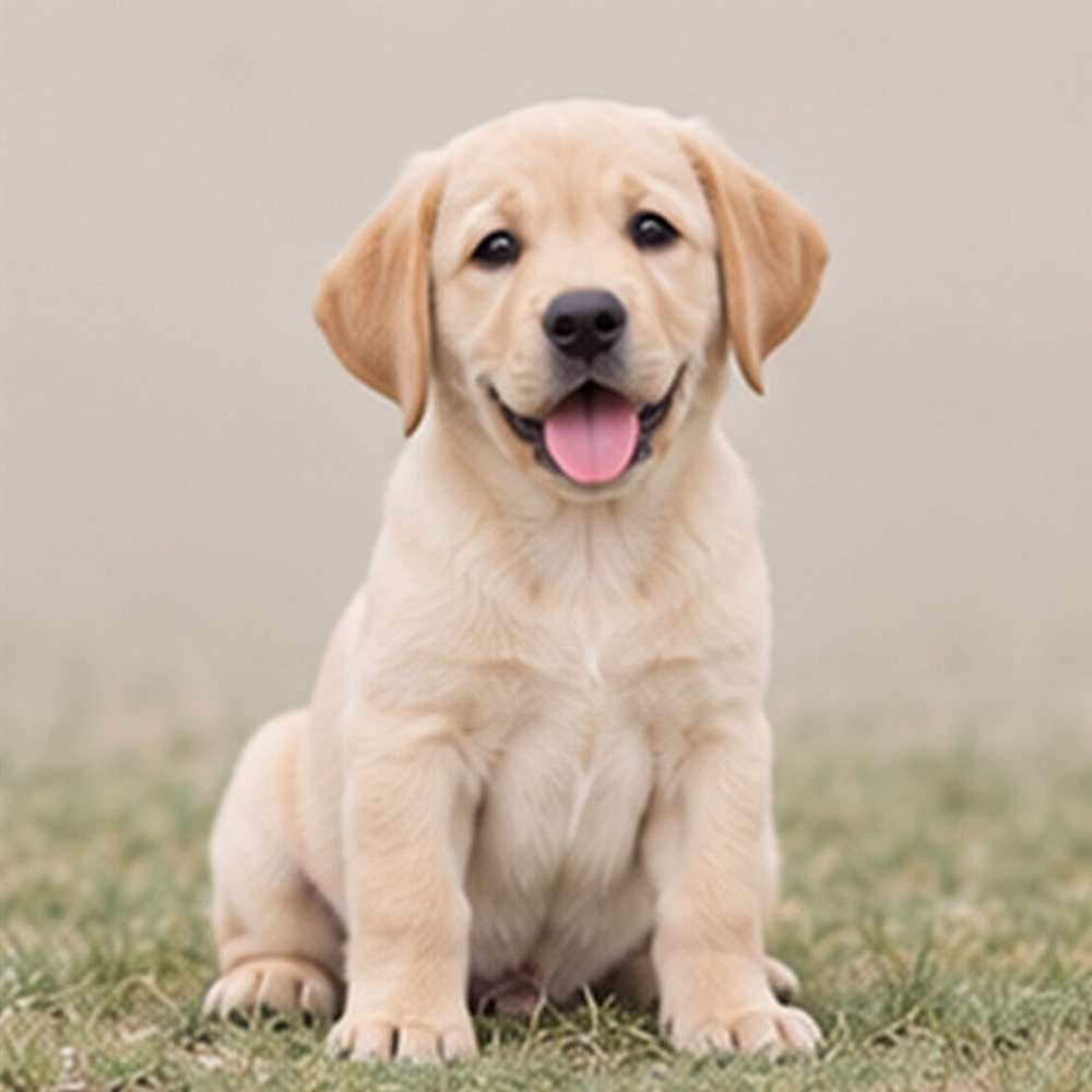 A friendly, yellow Labrador Retriever sits on grass, ears perked and tail wagging