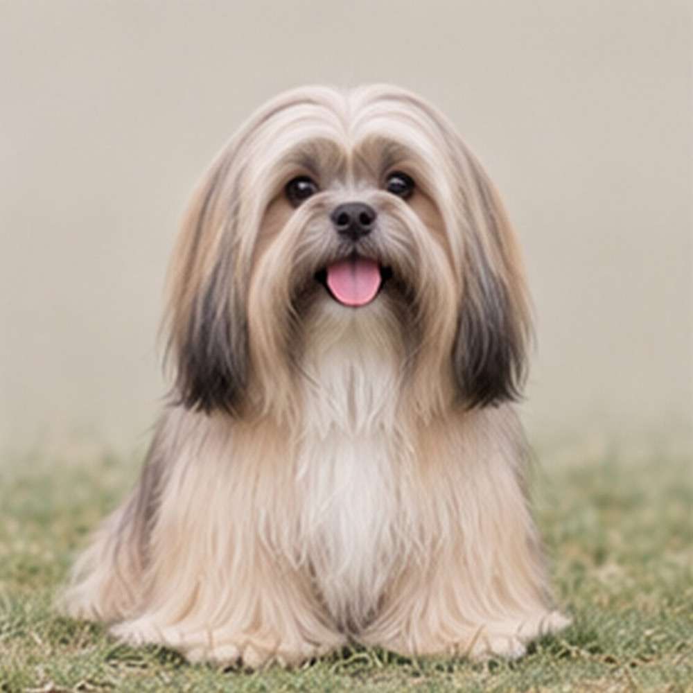 Fluffy, golden coat with long hair, sitting proudly and alert