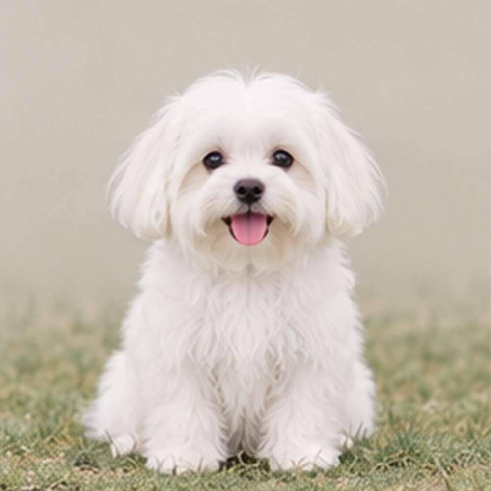 Fluffy white dog with long hair, standing proudly with a sweet expression
