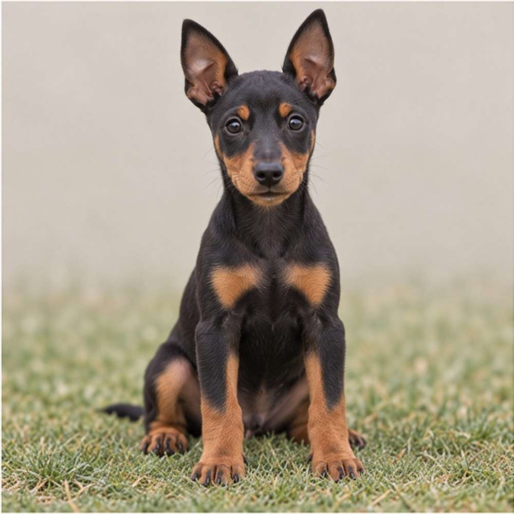 A sleek black and tan dog with a proud stance and alert expression