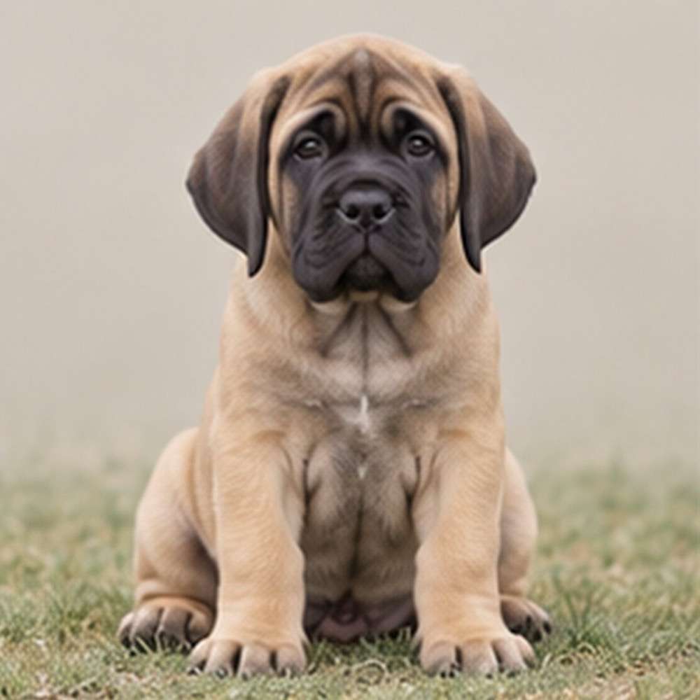 Large, muscular dog with a short, fawn coat sitting confidently
