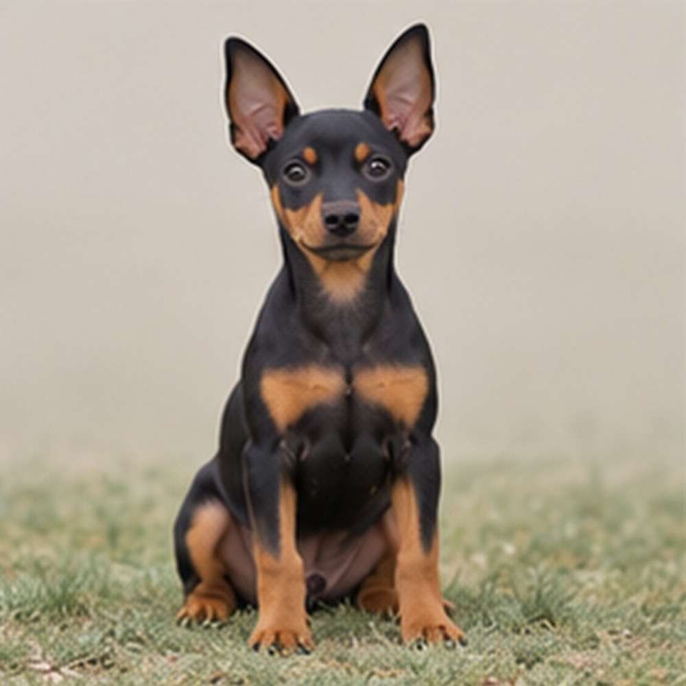 Small, sleek dog with a short black and tan coat, standing alert