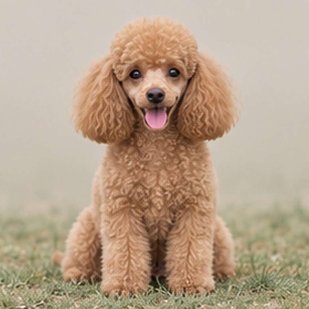 Fluffy cream-colored Miniature Poodle standing proudly, looking directly at the camera