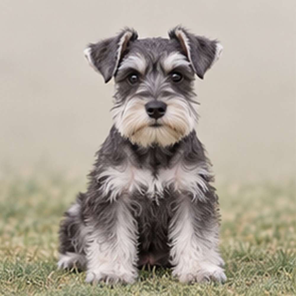 Small, salt-and-pepper coated dog sitting attentively with perked ears