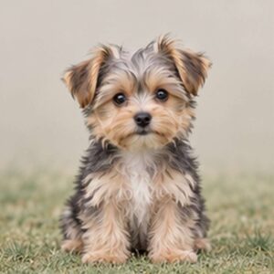 Small, fluffy dog with a mix of light brown and white fur, sitting gracefully