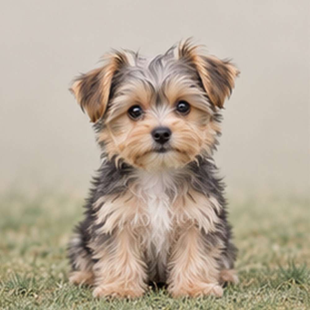 Small, fluffy dog with a mix of light brown and white fur, sitting gracefully