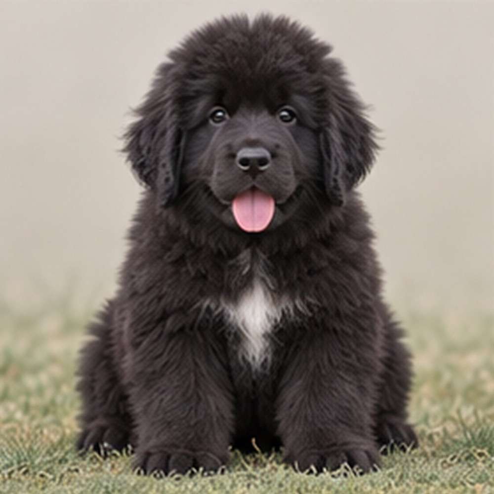 Large, fluffy black dog with water-resistant coat, sitting elegantly on grass