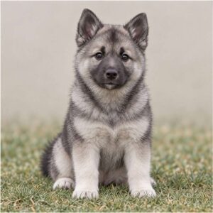 Gray and black Norwegian Elkhound standing proudly in a grassy field