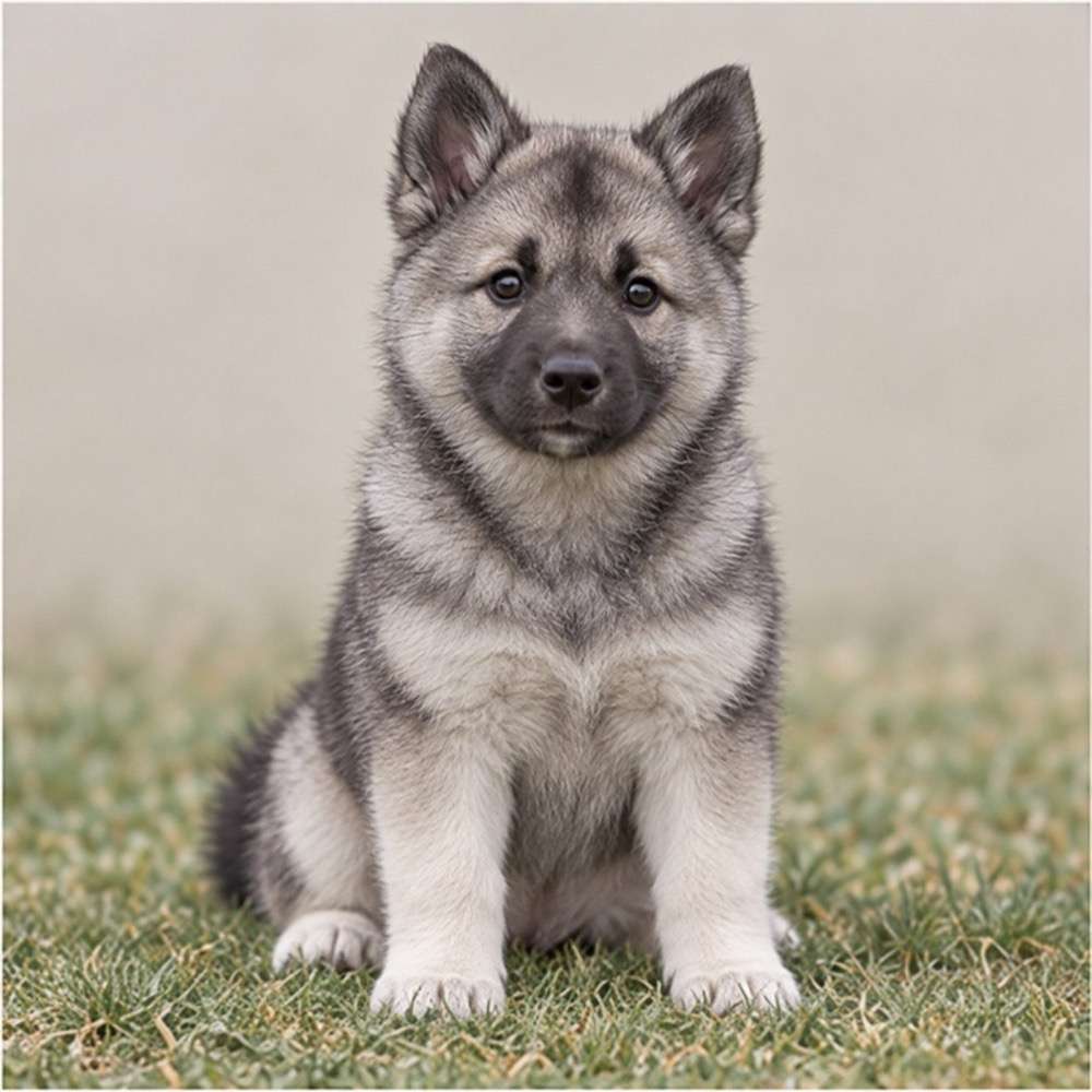 Gray and black Norwegian Elkhound standing proudly in a grassy field