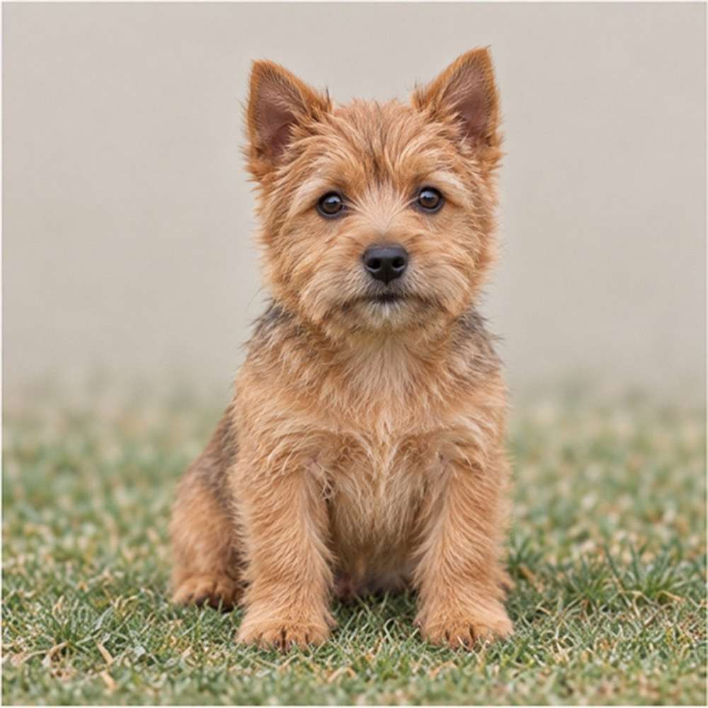 Small, sturdy Norwich Terrier with a wiry coat, standing alert outdoors