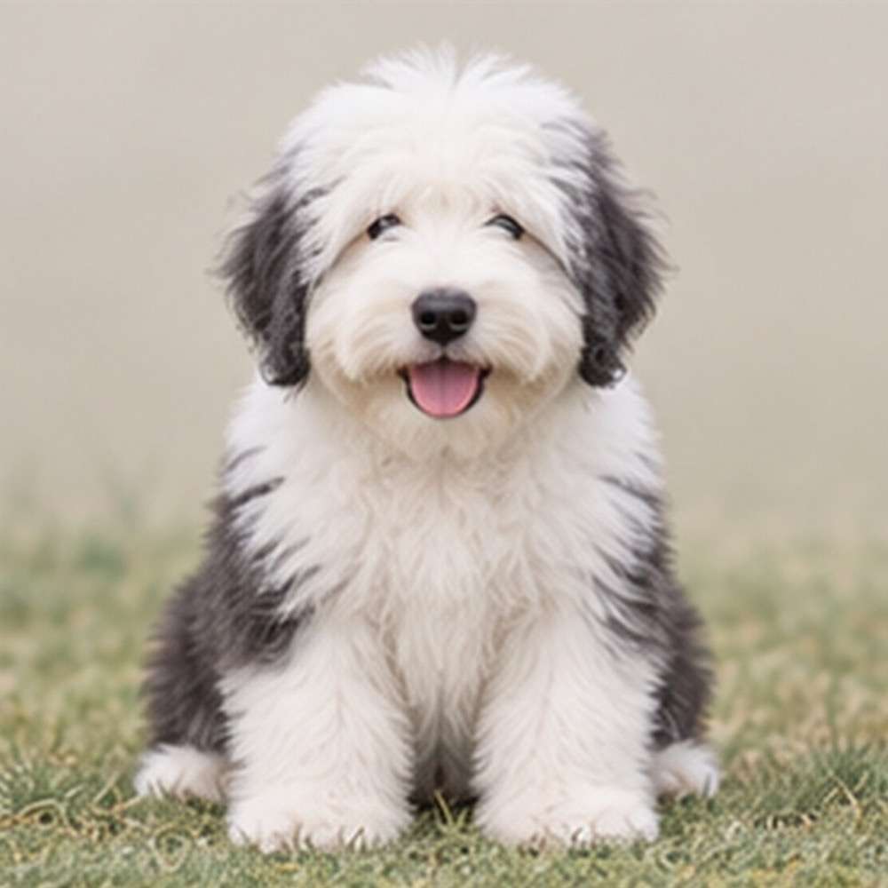 Fluffy, gray and white dog standing proudly with a playful expression