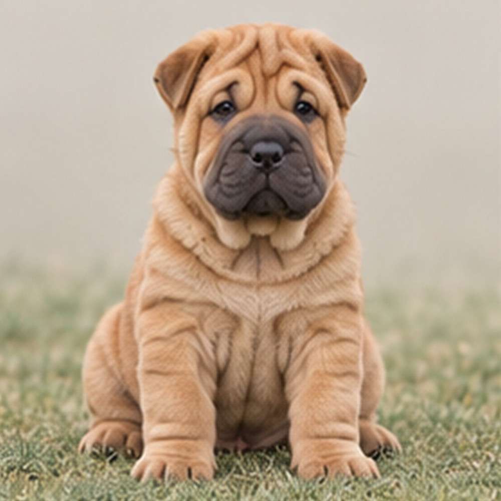 A short, wrinkled dog with a dark coat sitting proudly on grass