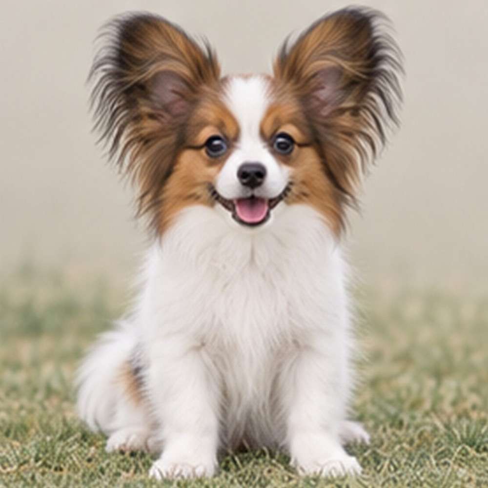 Small dog with large, butterfly-like ears, white coat with patches of color, sitting attentively