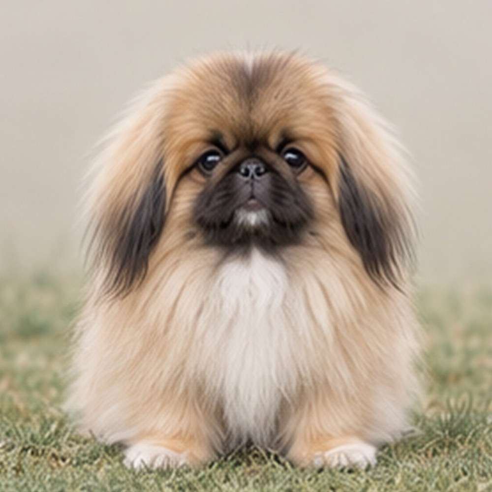 Fluffy Pekingese dog sitting upright, showcasing a golden coat and dark eyes