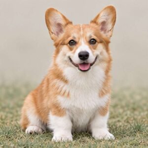 Tan and white Corgi standing proudly, with perked ears and a wagging tail