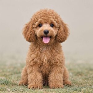 Curly-haired, tan and white dog sitting proudly with a playful expression