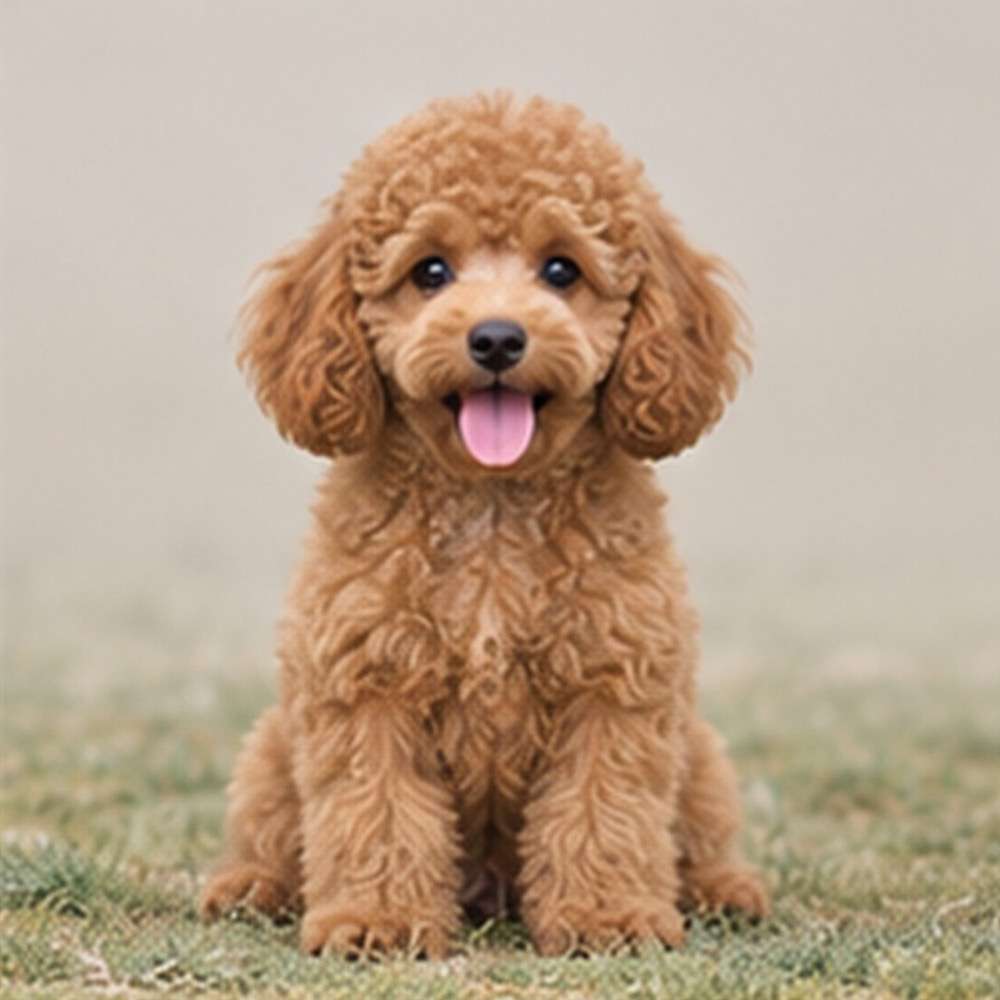 Curly-haired, tan and white dog sitting proudly with a playful expression