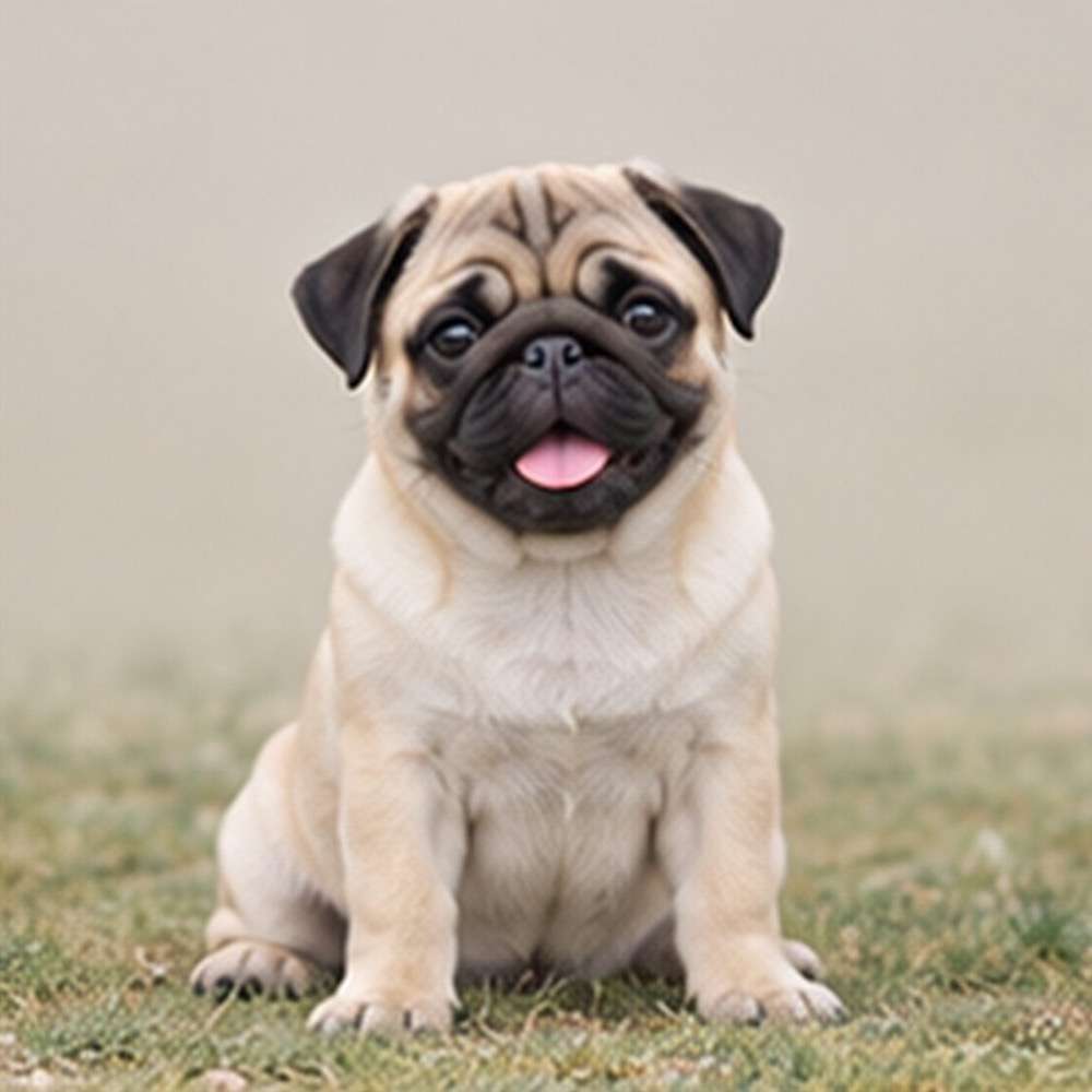 Fawn-colored pug with a wrinkled face and curled tail sitting obediently
