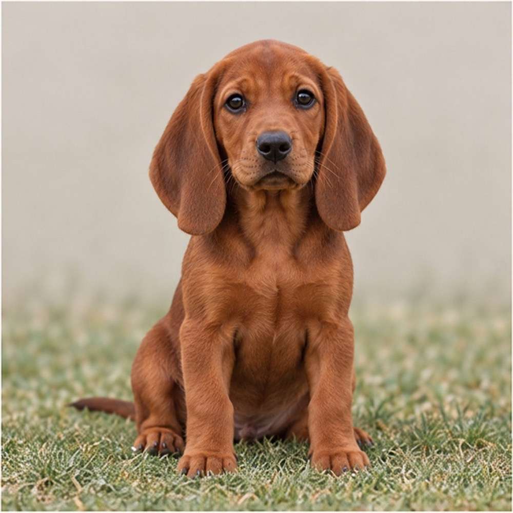 A sleek red dog with a short coat, standing alert in a grassy area