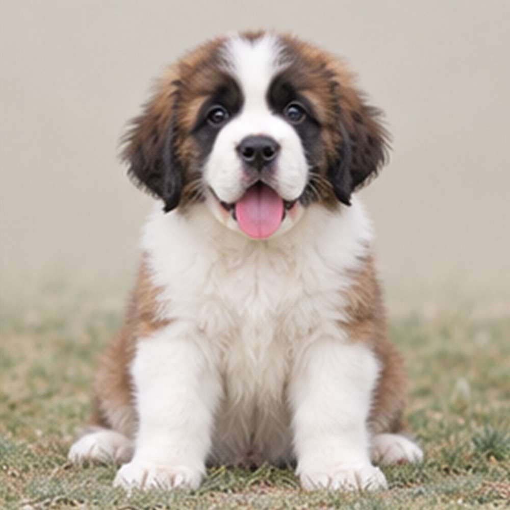 Large, fluffy dog with a thick, mostly white coat and brown patches, sitting happily