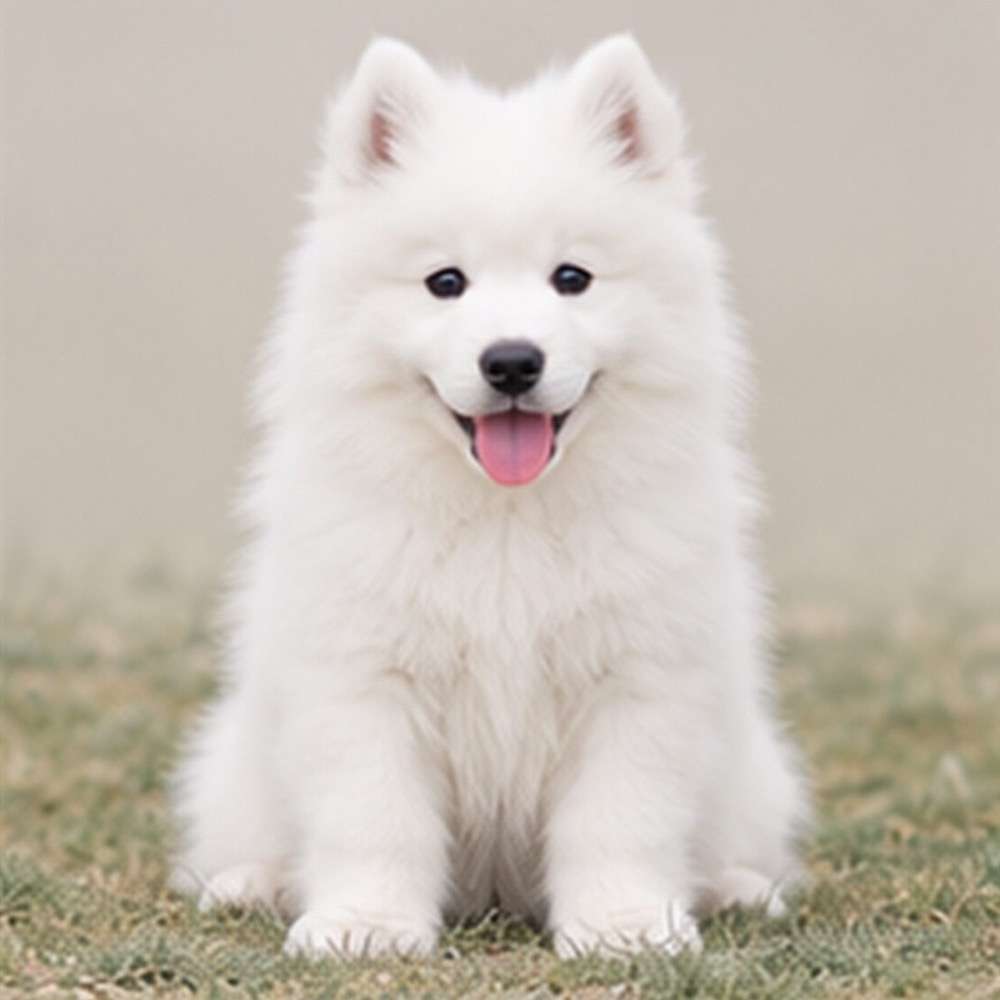 Fluffy white dog with a cheerful expression, standing on green grass