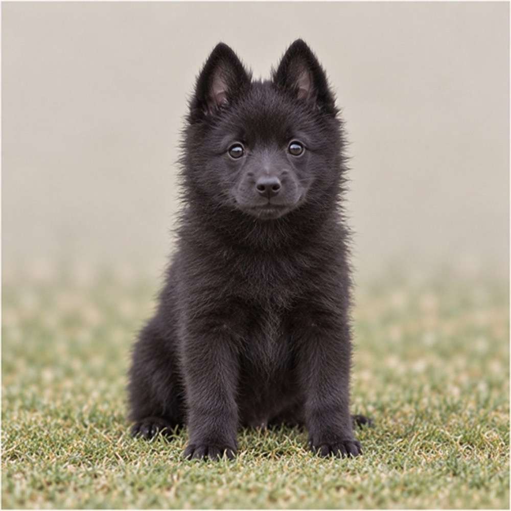 Small black dog with a thick coat, alert expression, and standing posture
