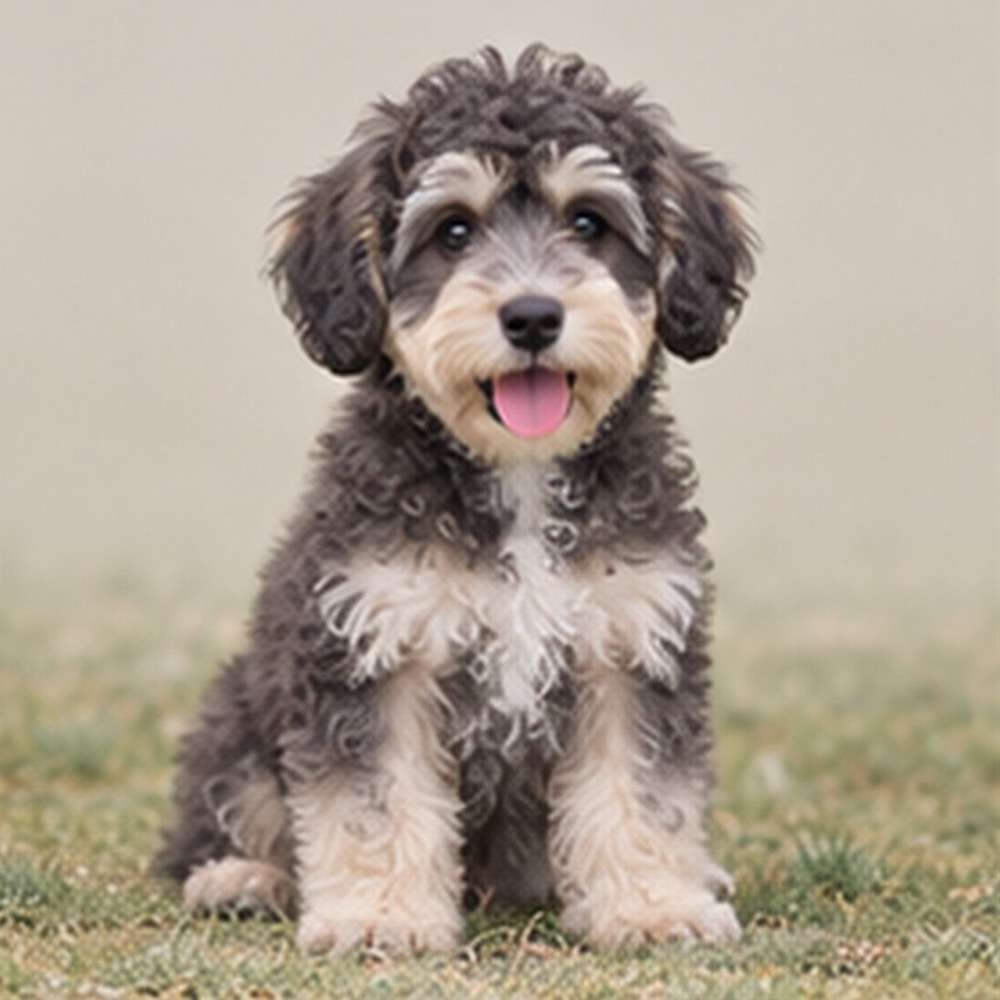 Curly-haired Schnoodle sitting attentively, showcasing a mix of black and white fur