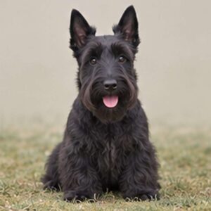 A black Scottish Terrier stands alert with a wiry coat and pointed ears