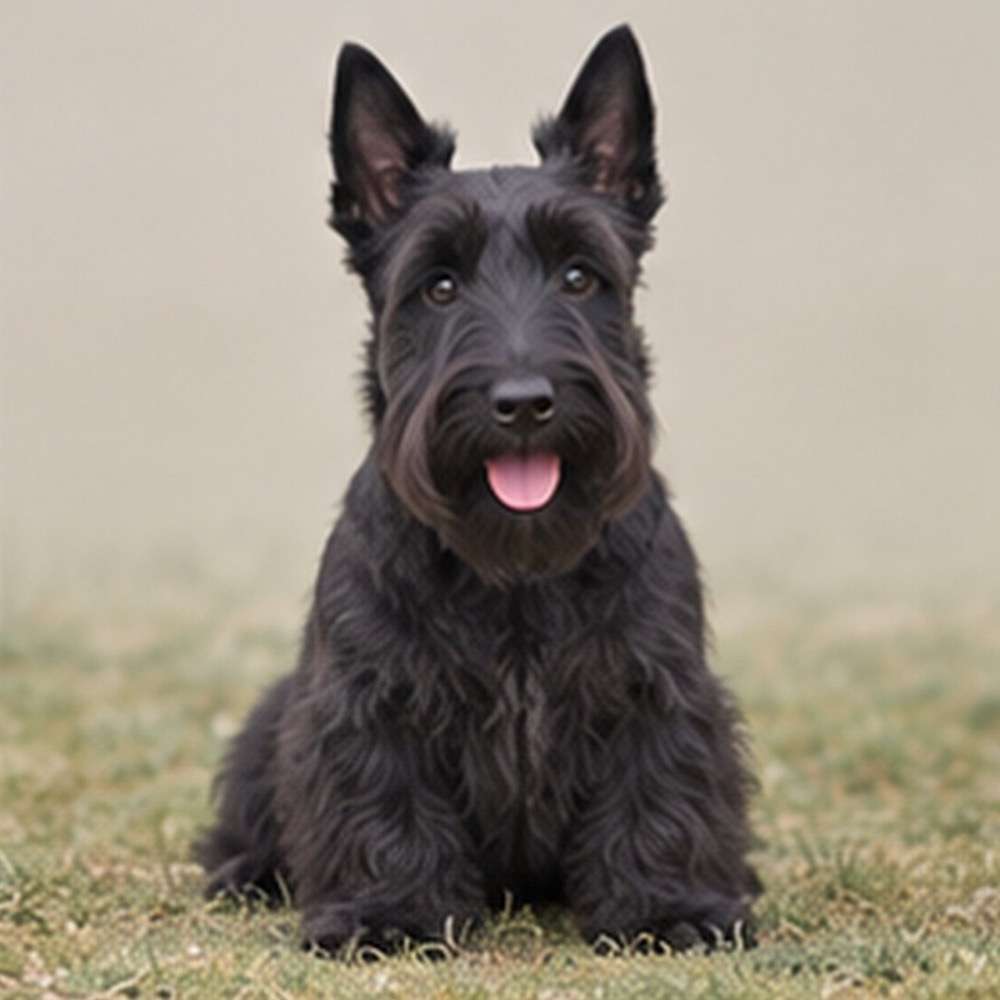 A black Scottish Terrier stands alert with a wiry coat and pointed ears