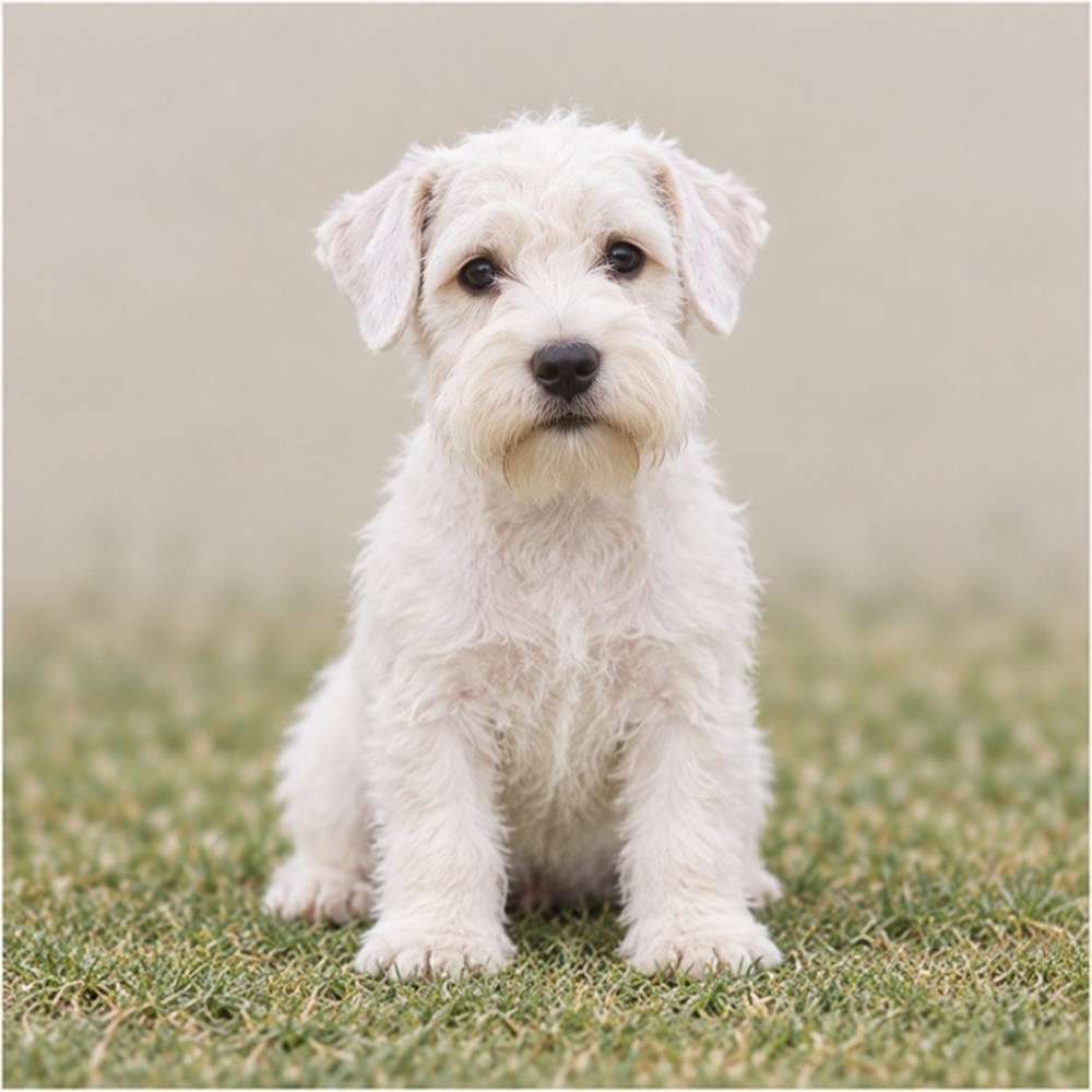 Small, sturdy dog with a wiry white coat, standing alertly outdoors