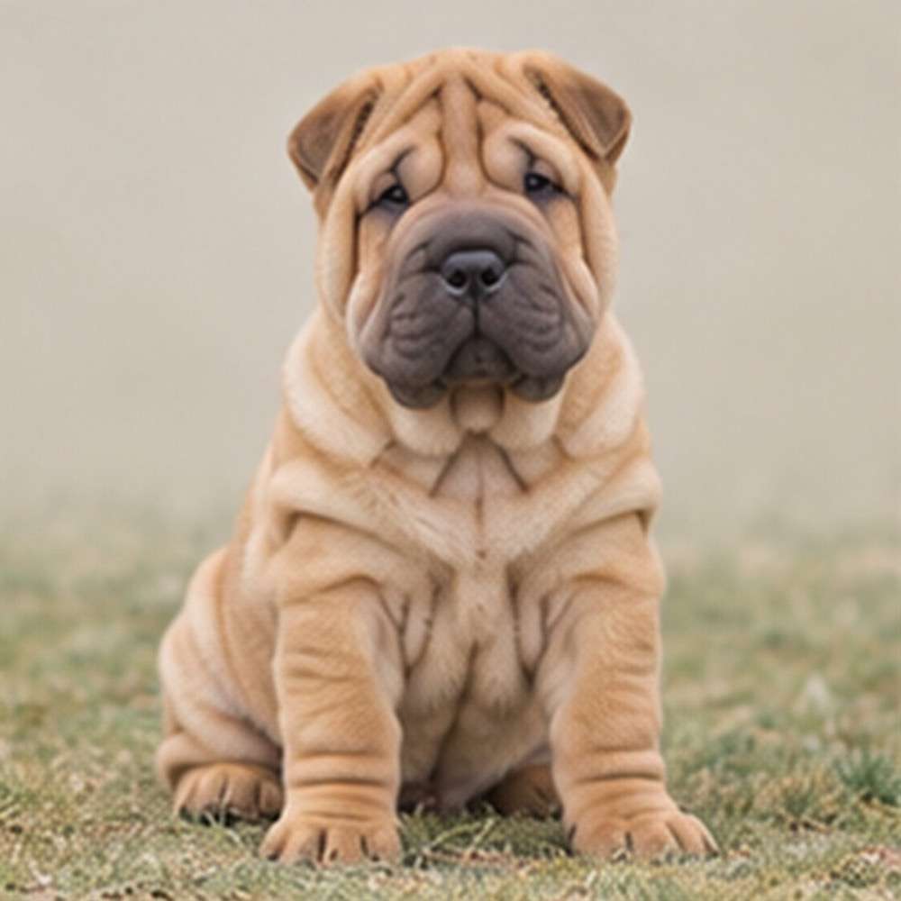 Wrinkled, tan coat dog standing alert with a calm expression