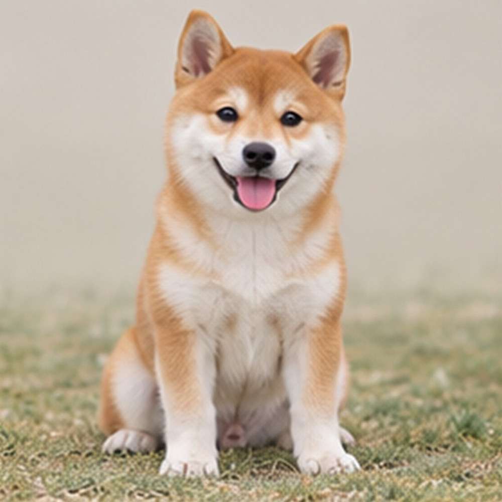 Red and white Shiba Inu sitting upright, ears perked, alert expression