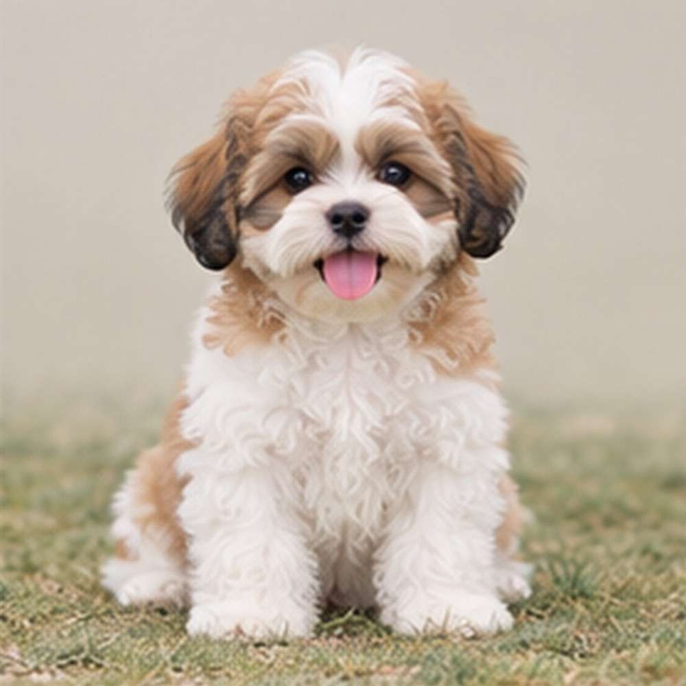 Fluffy black and white dog sitting attentively with a playful expression