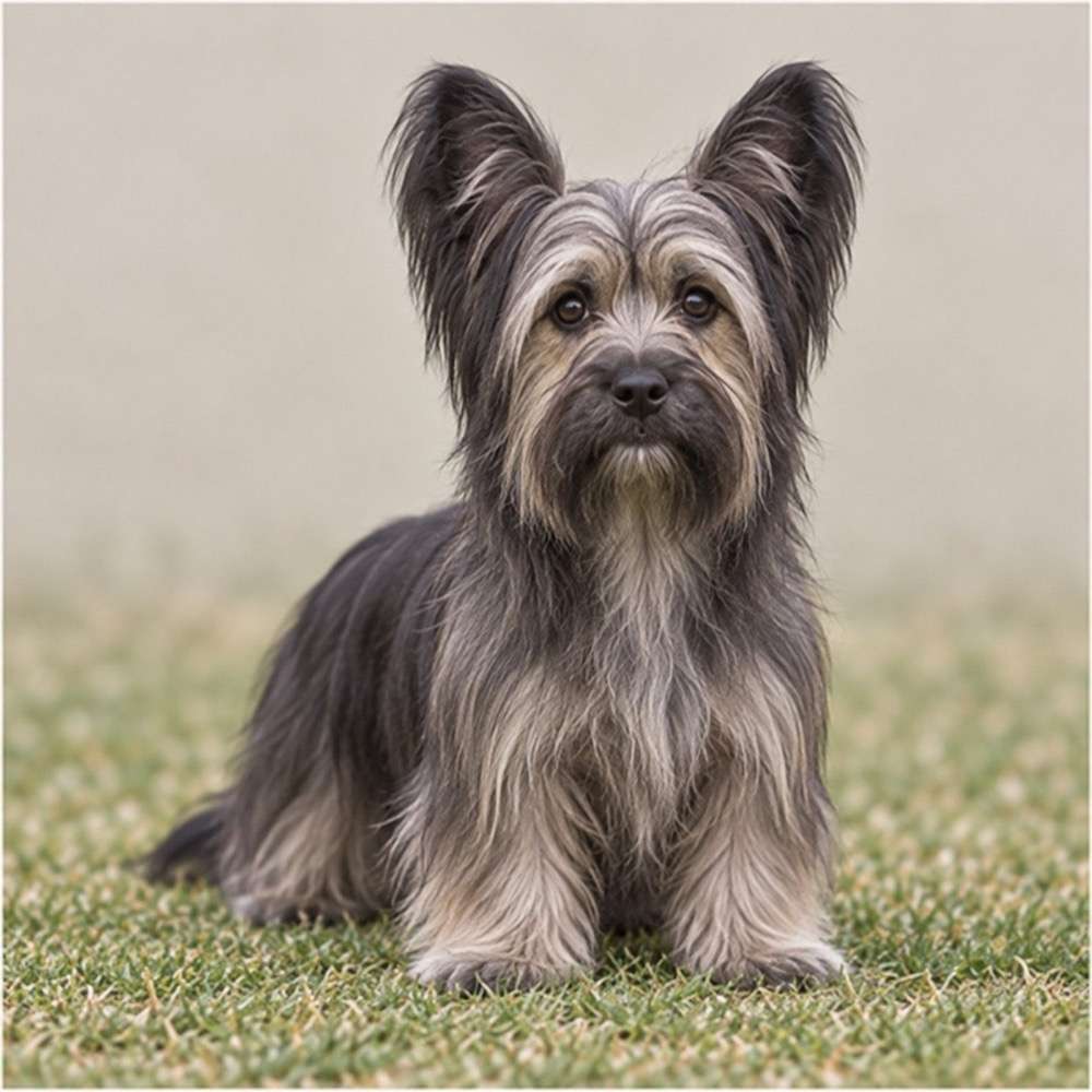 Long-haired Skye Terrier with a soft, wavy coat, standing proudly in a grassy field