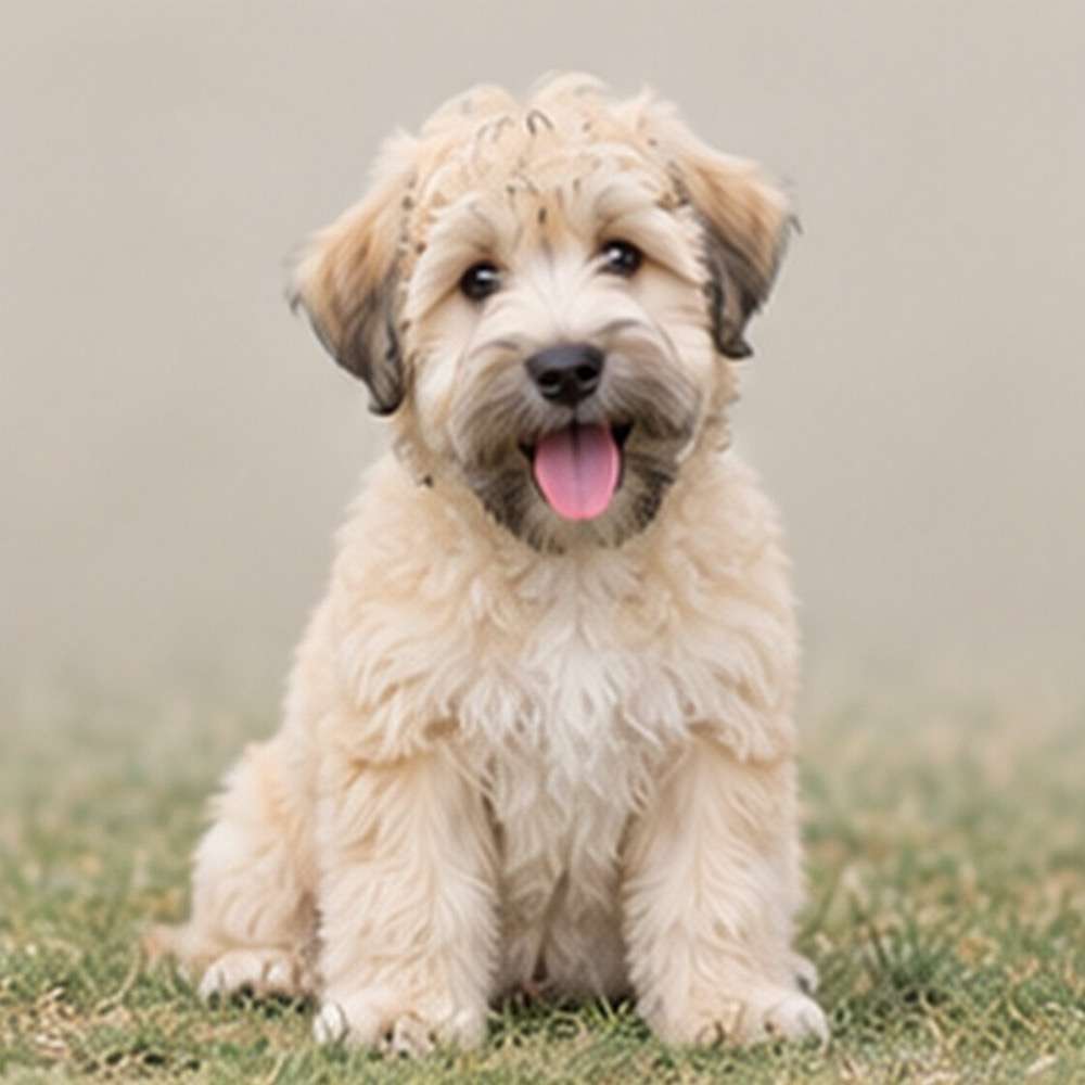 Cream-colored, soft coat dog sitting upright with a playful expression