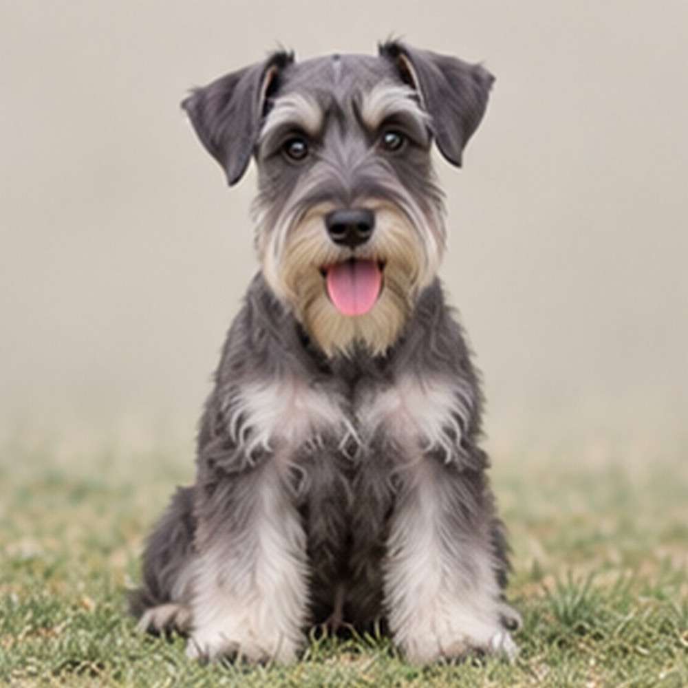 A wiry-haired dog with a distinctive beard, standing alert and proud