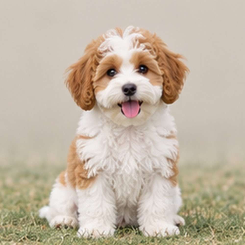 Fluffy, small dog with a round face and curly coat, sitting nicely