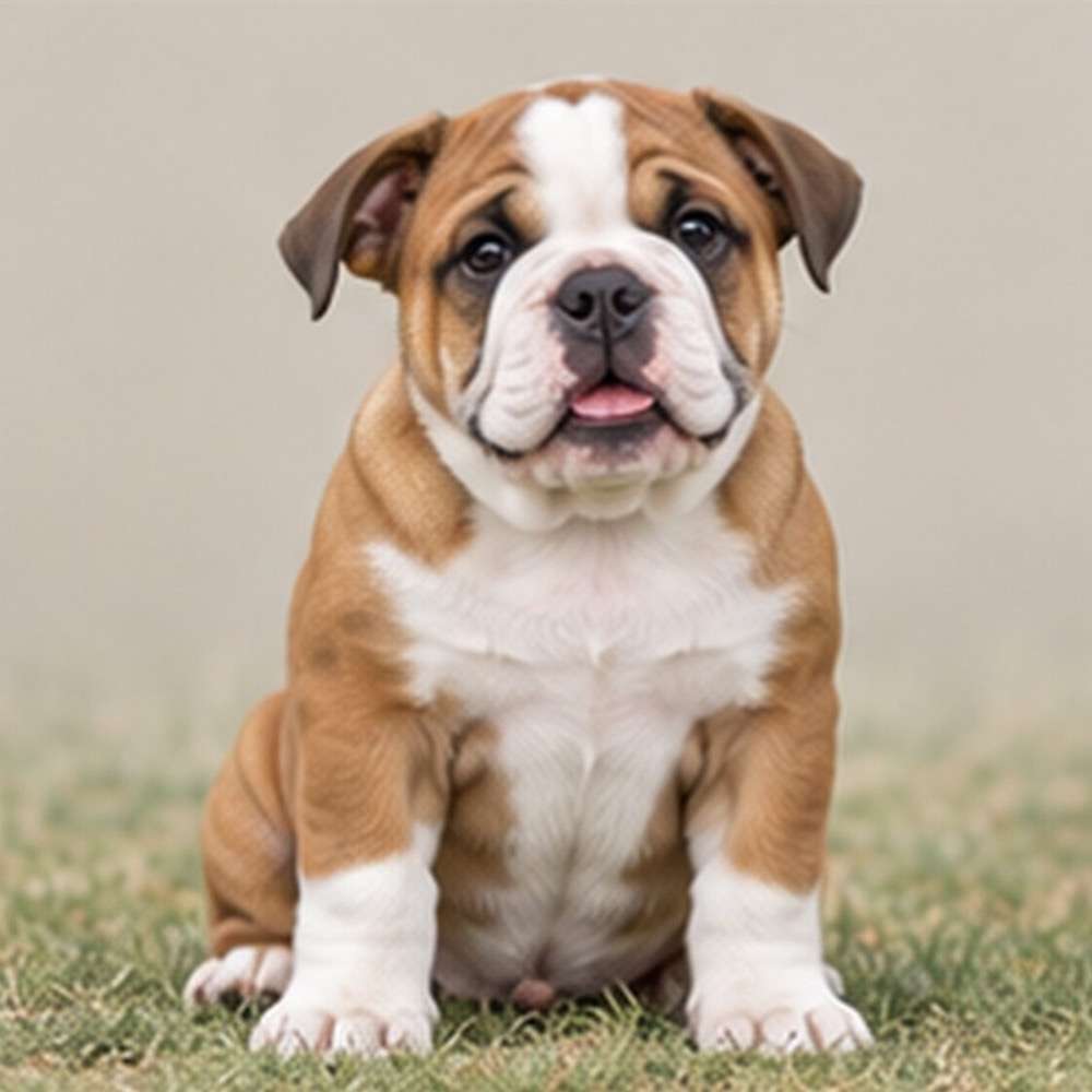 Stocky Victorian Bulldog with a short, smooth coat, sitting proudly outdoors