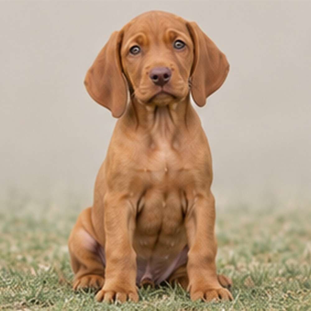 Rust-colored Vizsla standing alert in a grassy field
