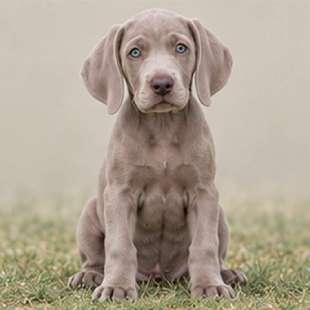 Gray Weimaraner standing proudly outdoors, with sleek coat and alert expression