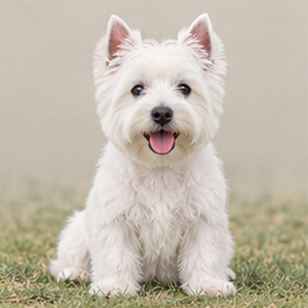 Fluffy white dog with a playful stance and alert expression
