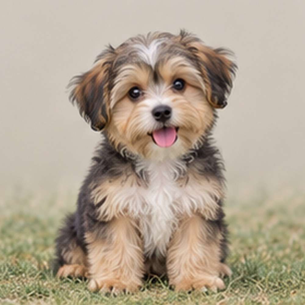 Small, fluffy dog with a silky coat, sitting calmly with bright eyes